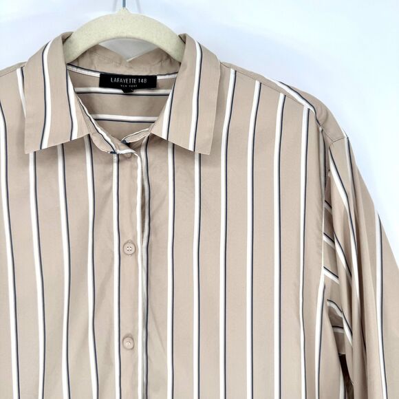 Lafayette 148 New York Striped Button Down Shirt Taupe Neutral Workwear Small - Picture 2 of 10